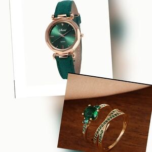 4 Pcs NEW Green Ladies Quartz Watch, Tennis Style Bracelet and Ring Set Size 6
